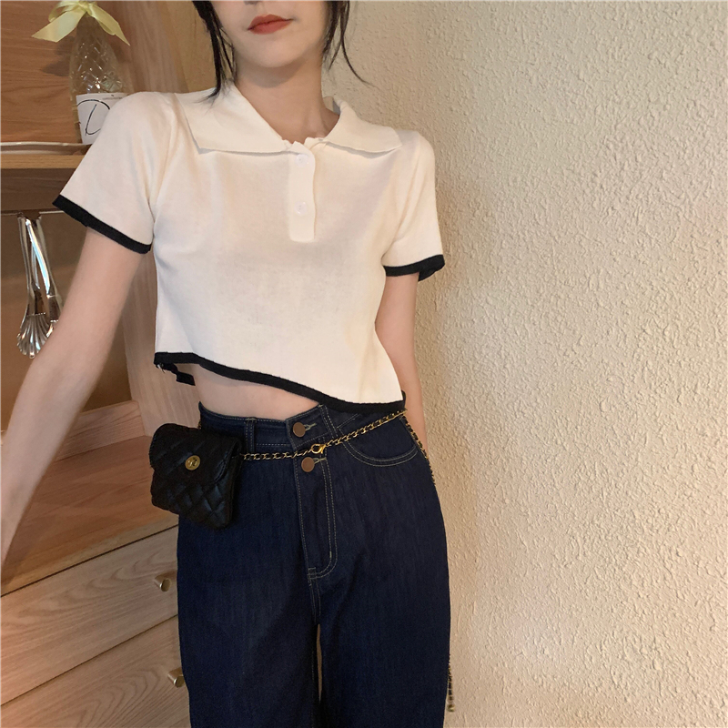 实拍不规则短袖t恤女夏季薄款polo领设计感小众露脐韩版短款上衣