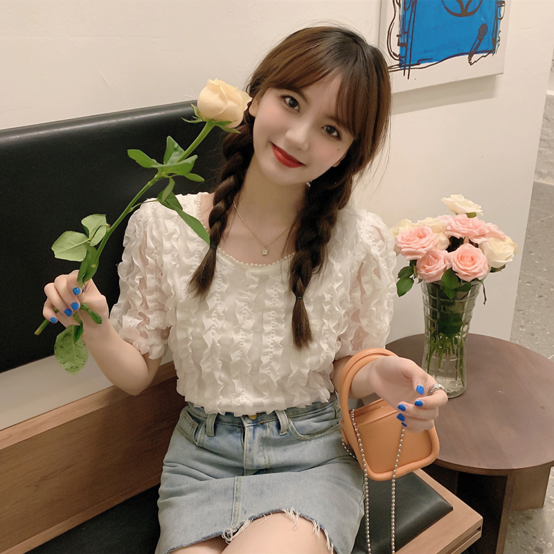 实价实拍  短袖衬衫女夏薄款设计感小众2021年新款镂空泡泡袖上衣