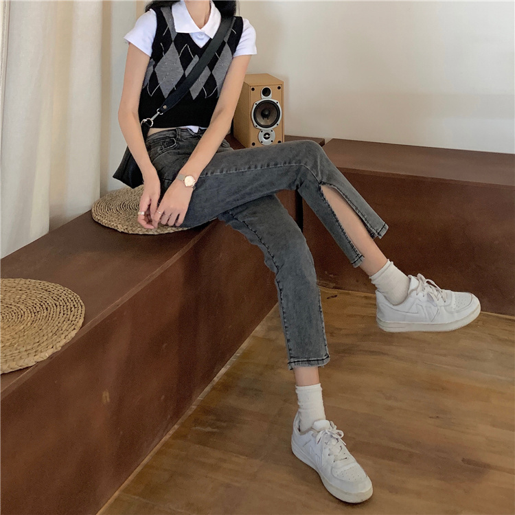 实拍实价高腰弹力显瘦开叉牛仔裤女九分裤