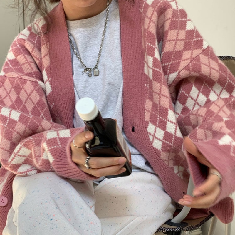 格纹撞色毛衣宽松外套2021新复古港味学院风针织开衫女春秋