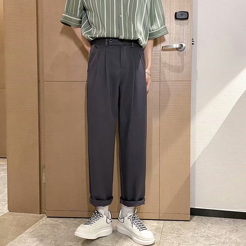 实拍休闲九分裤男士夏季薄款坠感西裤高街ins潮牌阔腿直筒长裤子