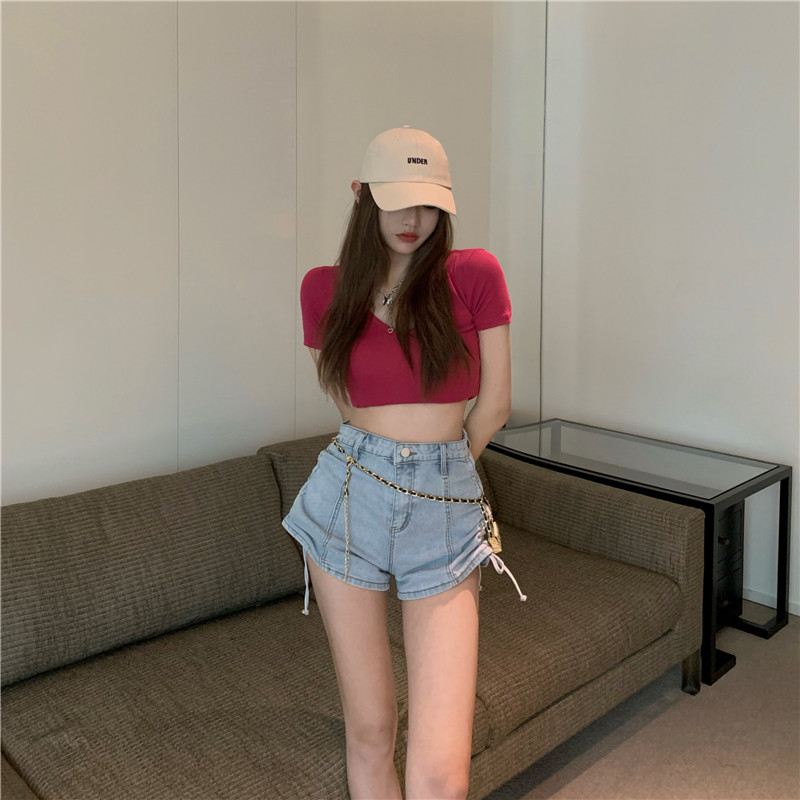 实拍实价 纯欲性感抽绳牛仔短裤高腰显瘦大长腿辣妹热裤