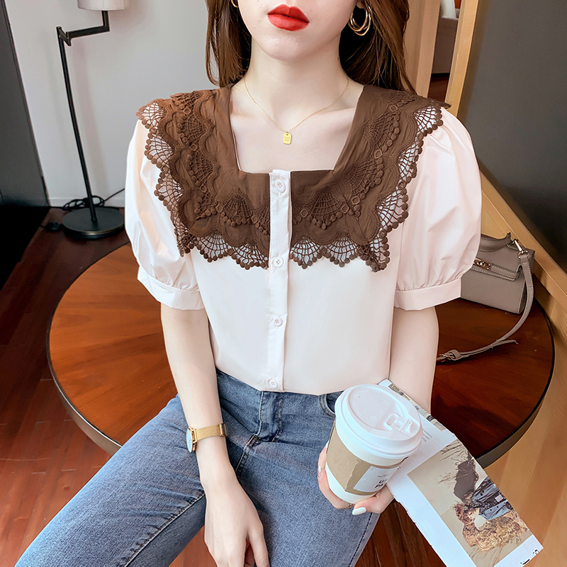 2021夏季新款韩版复古蕾丝娃娃领泡泡袖上衣小众高级质感衬衫女潮