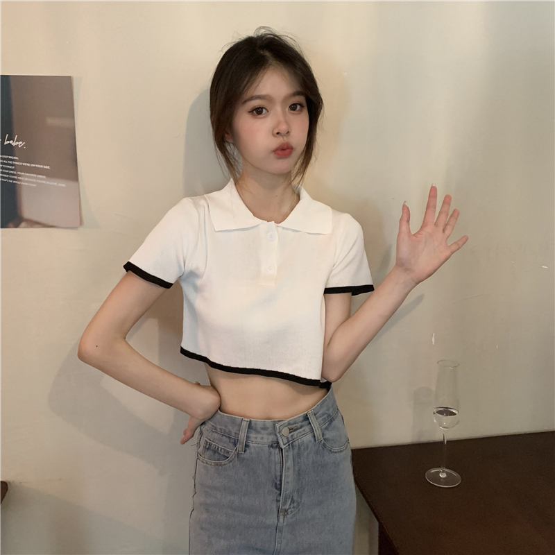 实拍实价 韩版不对称polo领纽扣设计感针织上衣