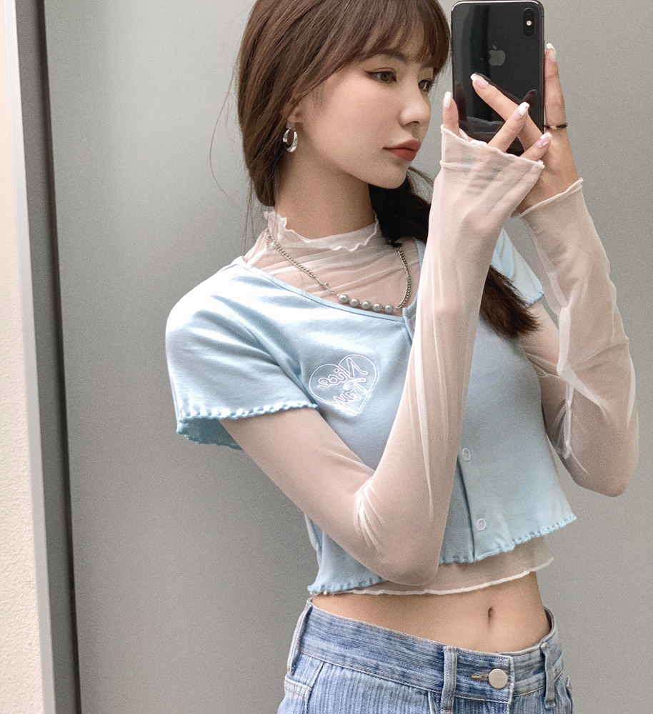 实拍 设计感小众短袖t恤女ins潮网红甜辣网纱高腰露脐两件套上衣
