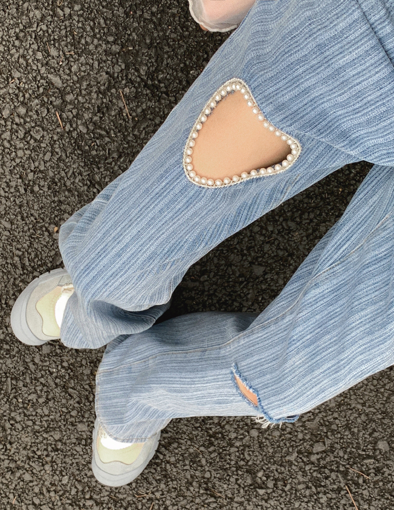 实拍 破洞爱心牛仔裤女夏高腰开叉宽松直筒阔腿长裤辣妹垂感裤子