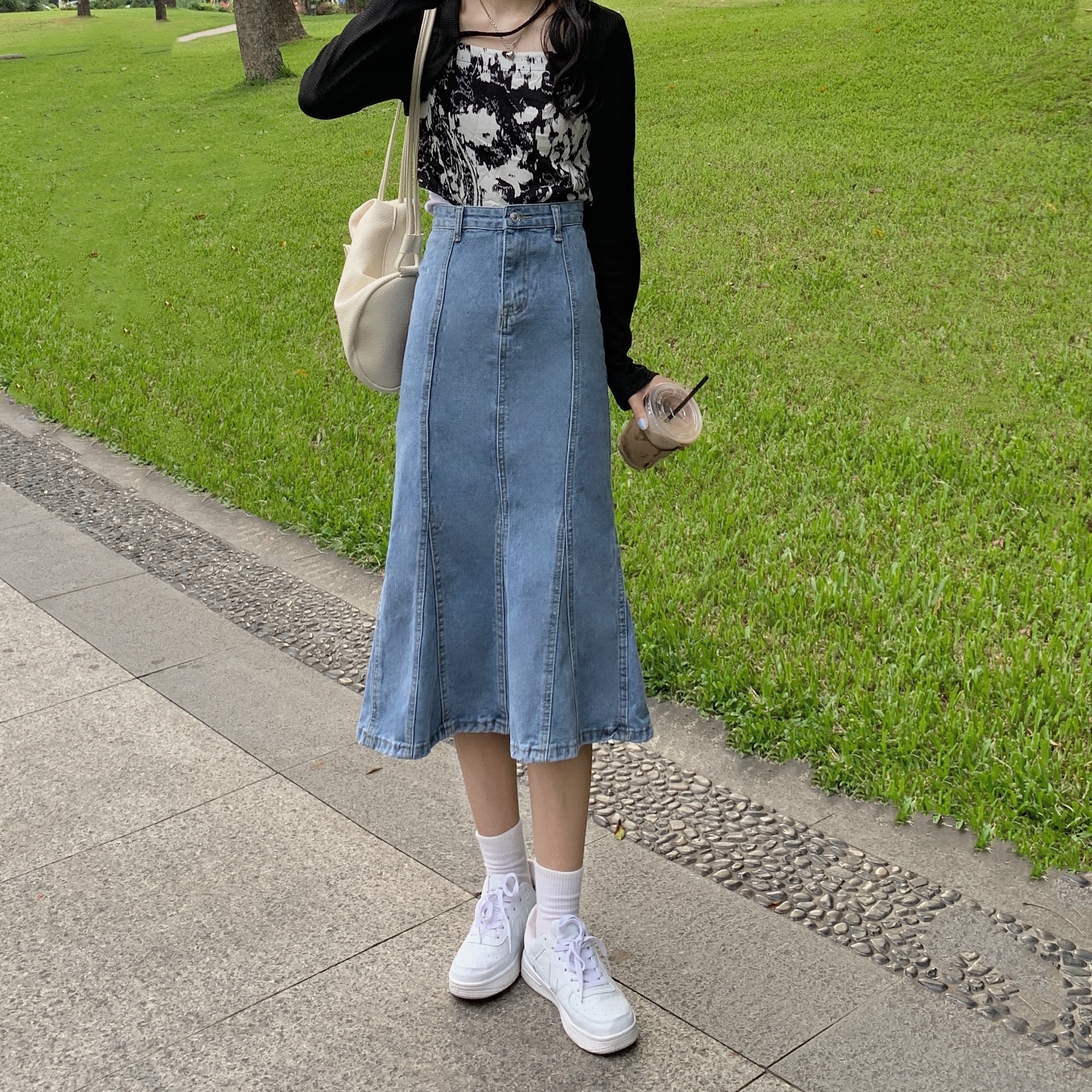 实拍大码牛仔半身裙秋夏胖妹妹新款ins韩版包臀百褶鱼尾中长裙潮