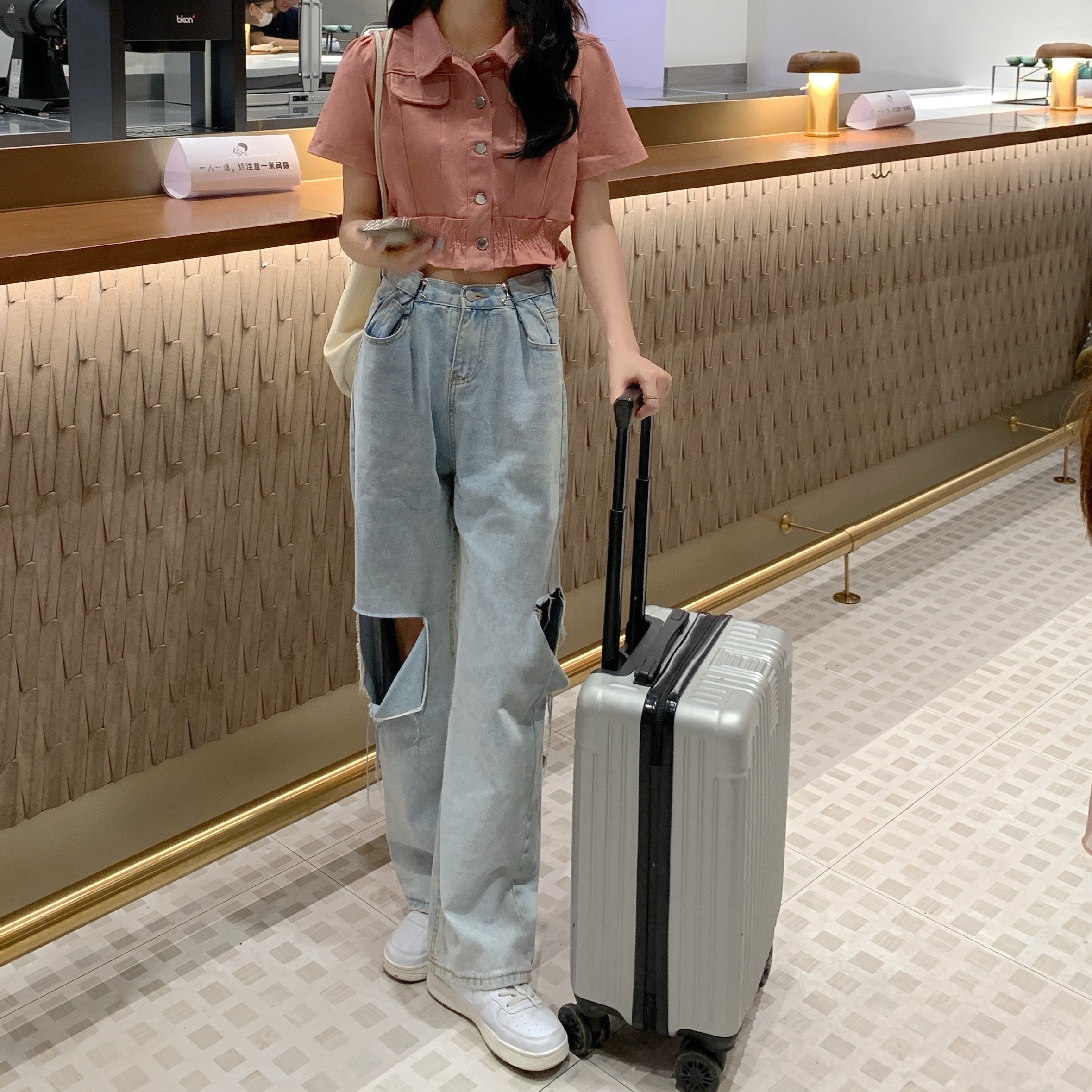 实拍大码时尚牛仔套装胖妹妹秋夏新款粉色短款衬衫ins破洞直筒裤