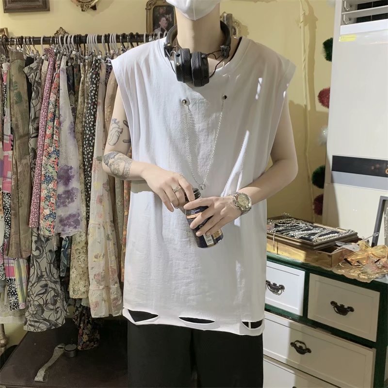 实拍夏季精神小伙项链无袖T恤男个性潮牌ins潮流宽肩砍袖背心坎肩