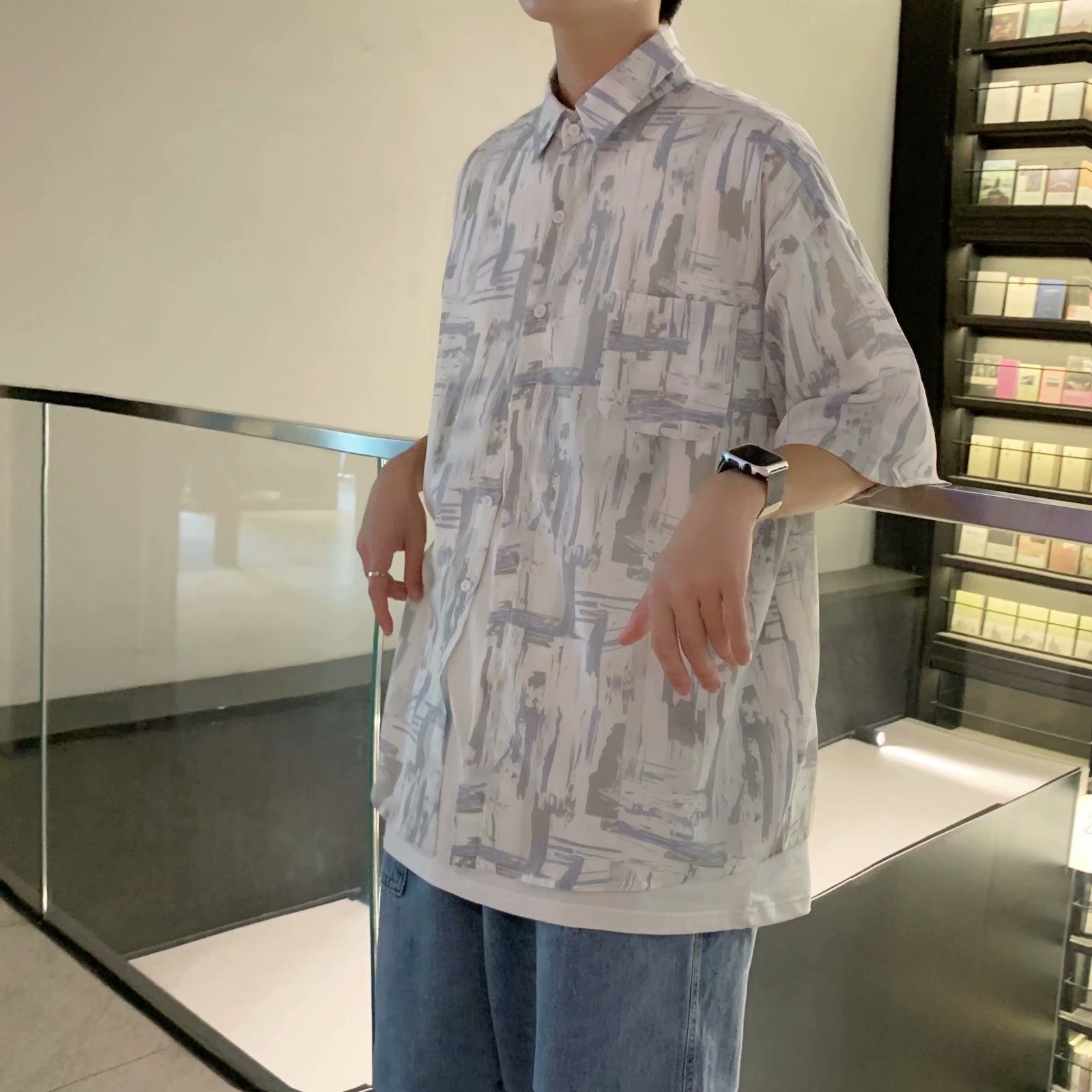 实拍痞帅衬衫男短袖设计感花衬衣男夏季ins港风休闲宽松百搭衣服