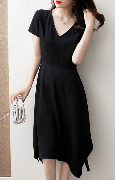 RM3232#纯色V领不对称剪裁设计感连衣裙女 夏季新款气质淑女A字裙