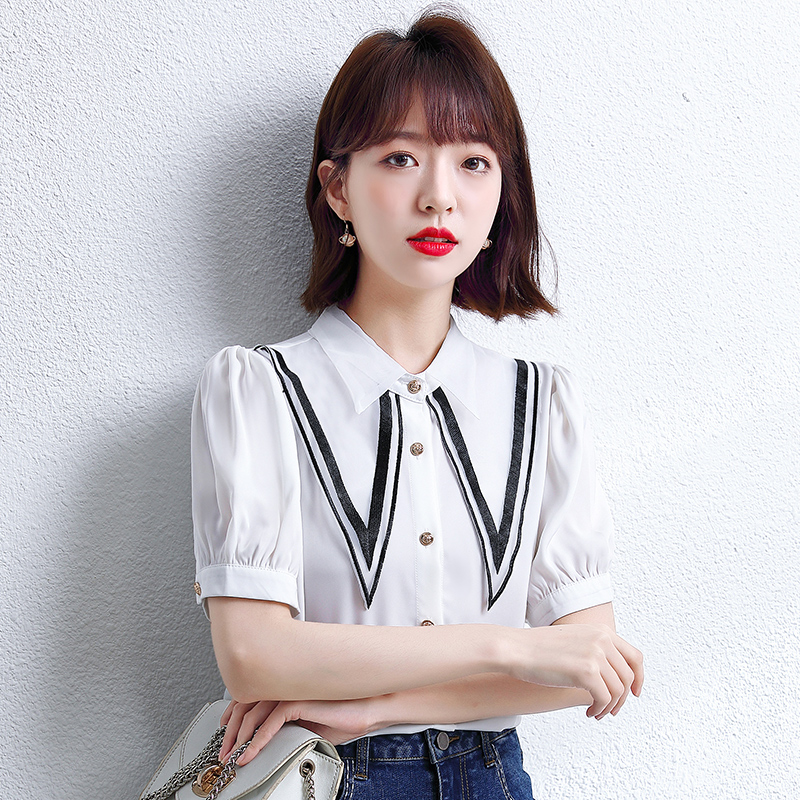 2021夏季新款设计感金扣撞色减龄短袖上衣宽松显瘦雪纺衫洋气衬衫