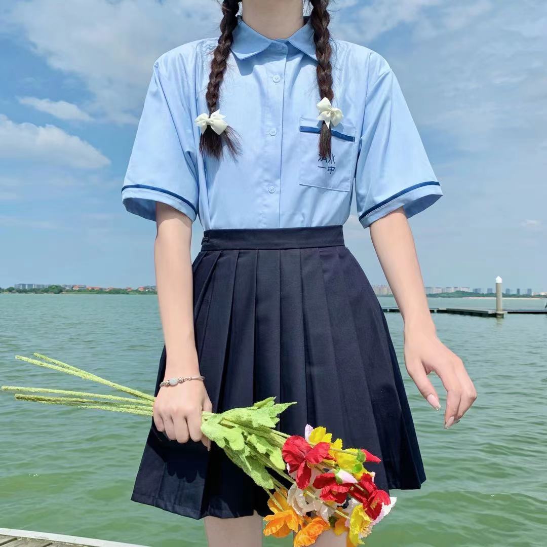 实拍现货 jk制服短袖衬衫台湾同款校服清水一中水色衬衣班服