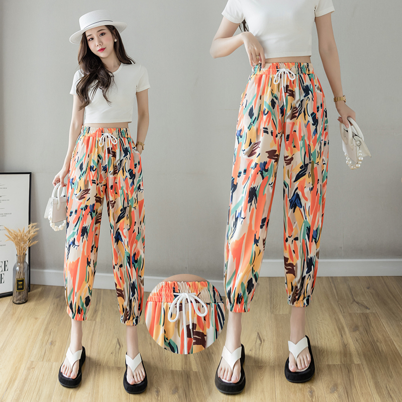 夏季新款复古扎染花洋气花裤宽松哈伦裤欧货束脚灯笼裤九分
