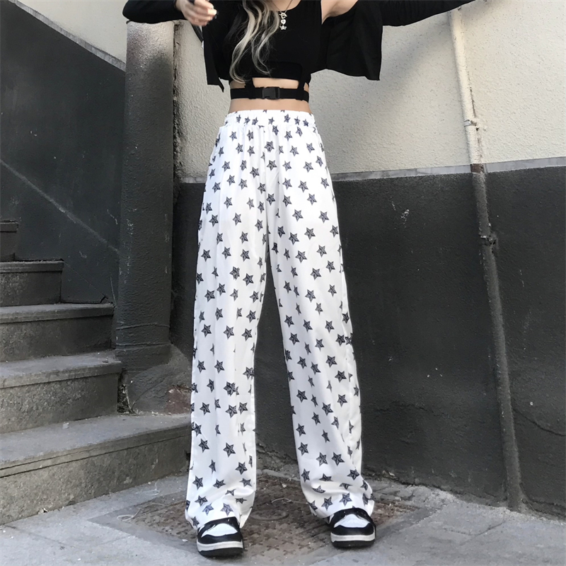 控38韩国潮流休闲裤ins复古男女网红星星印花宽松阔腿直筒裤垂感