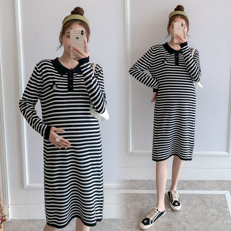 实拍现货新款春秋孕妇时尚条纹宽松显瘦开扣可哺乳网红POLO衫冰丝针织裙