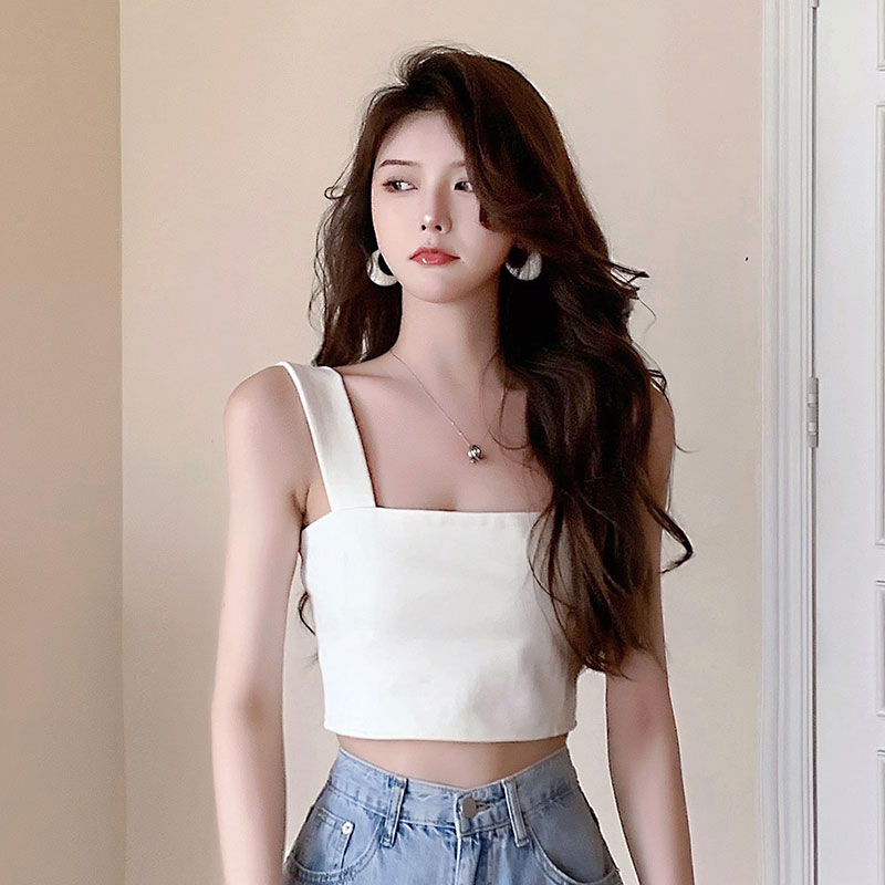 实拍~夏日弹力罗马布小背心 高级简约宽肩带短款小上衣