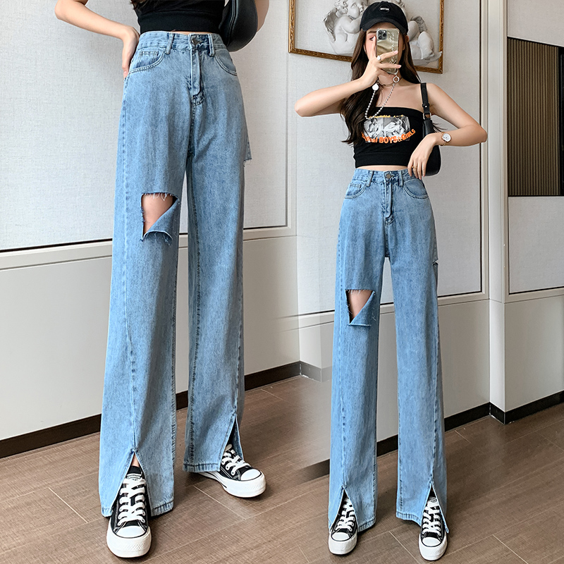 破洞牛仔裤女夏季2021新款开叉ins潮乞丐拖地裤阔腿宽松直筒裤子