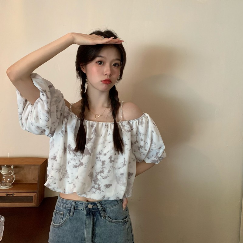 实价实拍 新款法式扎染小众珍珠肩带一字领宽松洋气泡泡袖衬衫