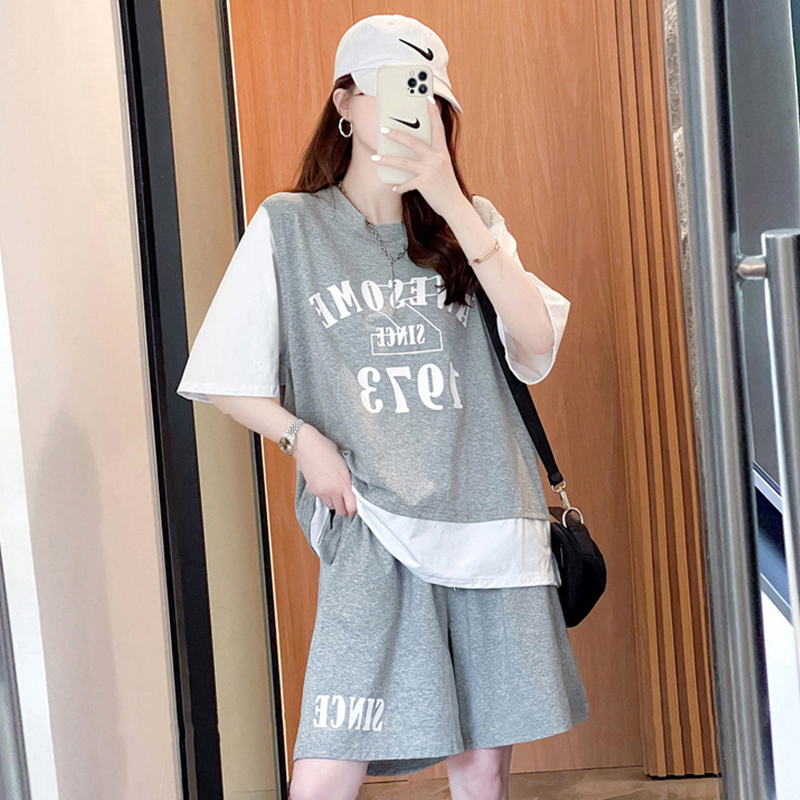 假两件套装女夏季新款时尚短袖T恤宽松五分短裤休闲运动服两件套