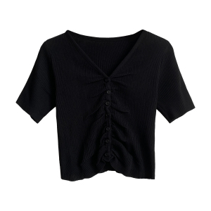 CX8451# 最便宜服饰批发 设计感褶皱V领纽扣短袖套头针织衫修身短款T恤上衣女