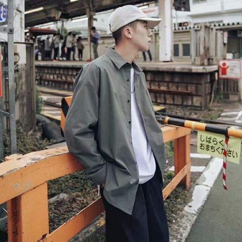 网图衬衫男长袖港风宽松休闲衬衣ins秋季百搭帅气韩版潮流外套