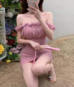 OFF SHOULDER WOODEN EARS FLOWER MESH RUFFLE FITTING Xianqi Lu Shoulder Bag Hip Tight Dress
