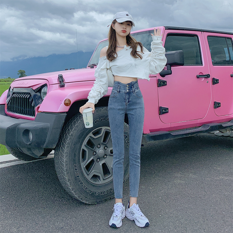 Real photo light color jeans women's high waist show thin 2021 summer thin stretch small foot pencil Capris
