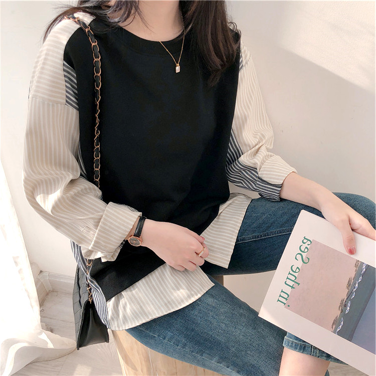 South Korea autumn new loose stripe stitching design shirt minority design age reducing retro top