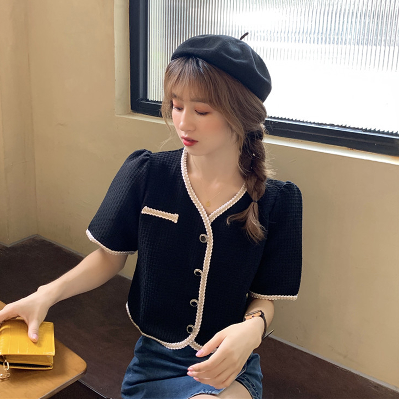 French retro Beaded collar lace Jacquard Shirt Small fragrance short sleeve shirt women's  summer new