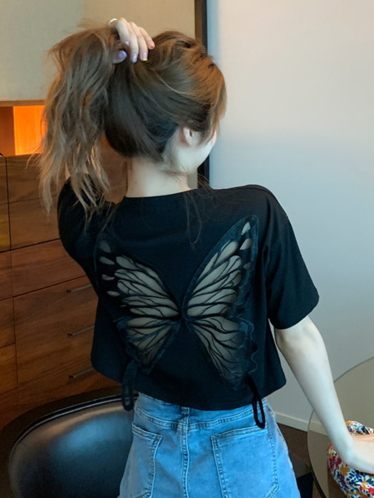 Design sense of minority hollowed out butterfly short sleeve new Korean loose and versatile short top for women