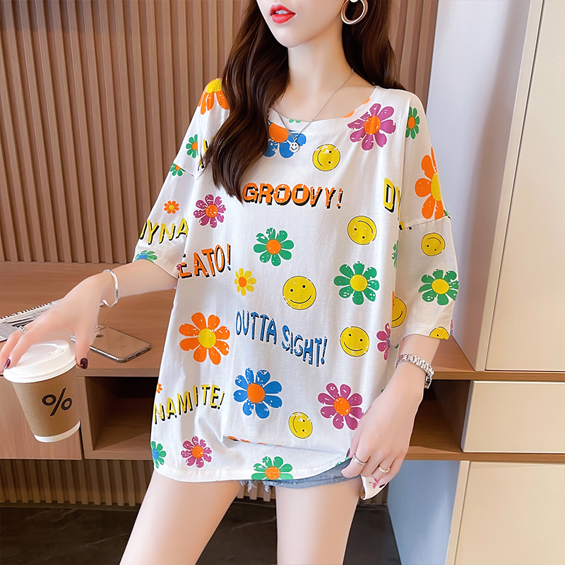 Real shooting summer Korean loose print flower large women's Short Sleeve Top