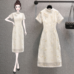 Real shot large size women's summer dress 2021 new cheongsam improved version dress with retro temperament and thin belly covering skirt