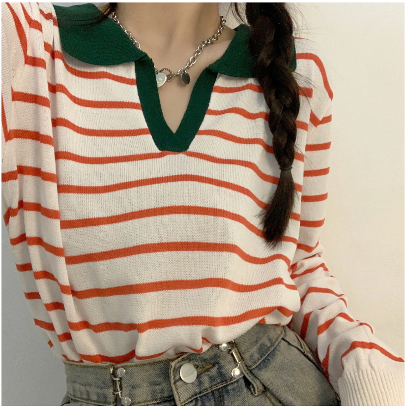 Korean color contrast Vintage stripe knitted T-shirt for women 2021