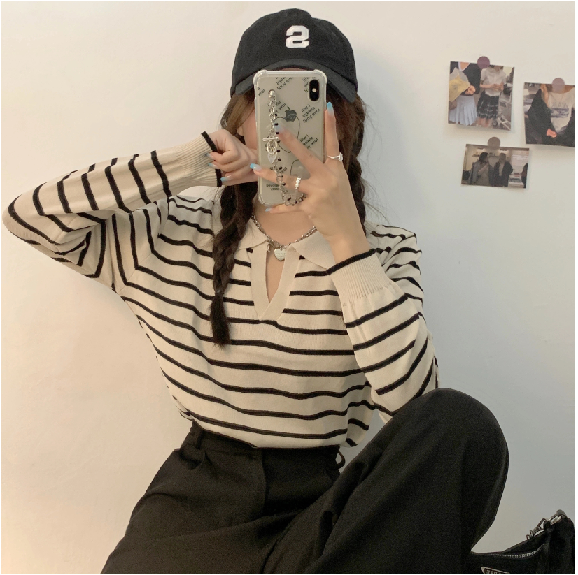 Korean color contrast Vintage stripe knitted T-shirt for women 2021