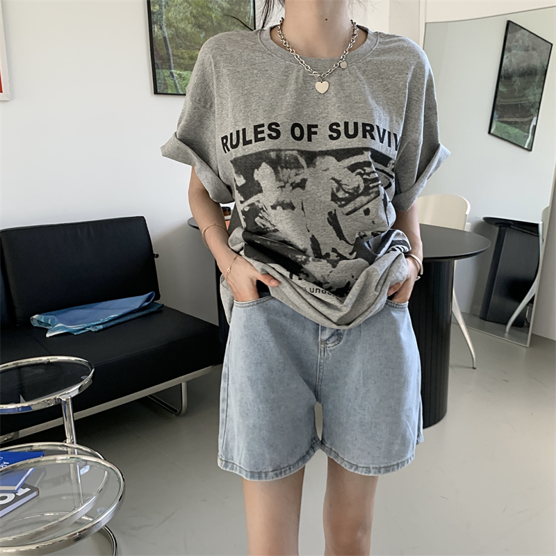 Real price ~ best friend and sister's Retro printed short sleeve T-shirt loose BF style black and white grey top