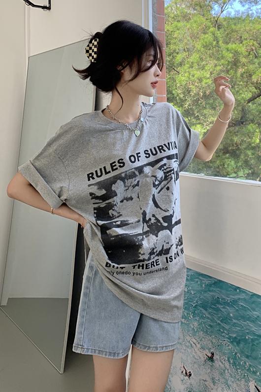 Real price ~ best friend and sister's Retro printed short sleeve T-shirt loose BF style black and white grey top