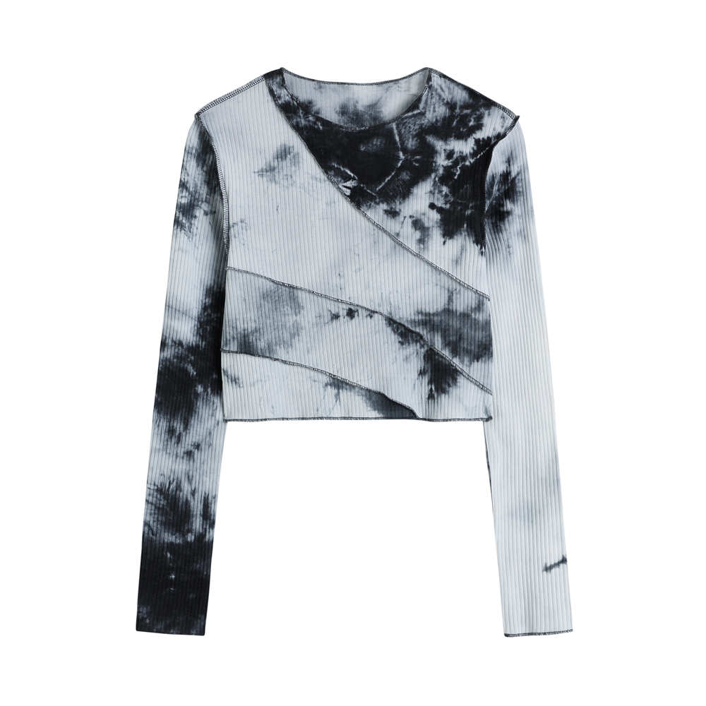 Real shooting base coat autumn new style short irregular tie dyed T-shirt hot girl sweet cool long sleeve top