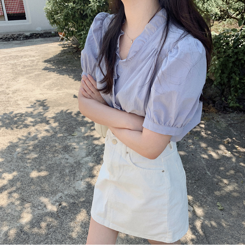 Han Fan wood ear edge Chiffon Shirt Short Sleeve thin style women's summer small fresh versatile V-neck design sense of foreign style top