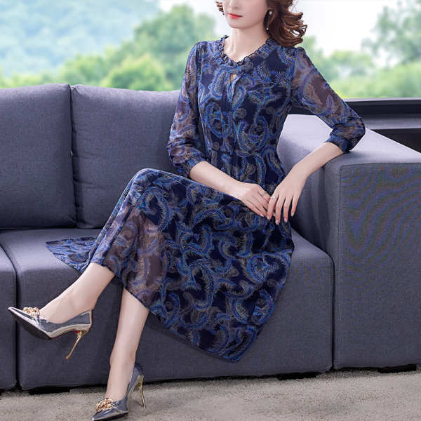 RM3450#台湾纱中年妈妈气质洋气休闲连衣裙女中长 新款印花网纱裙