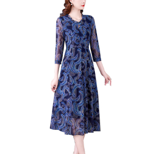 RM3450#台湾纱中年妈妈气质洋气休闲连衣裙女中长 新款印花网纱裙