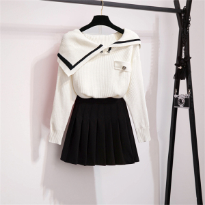 Off shoulder loose outer wear Lapel Pullover lazy sweater + black short skirt female