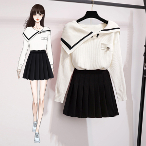 Off shoulder loose outer wear Lapel Pullover lazy sweater + black short skirt female