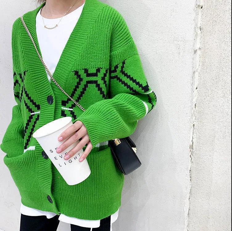 菱格毛衣外套开衫女春秋2021新款宽松慵懒风百搭复古针织衫