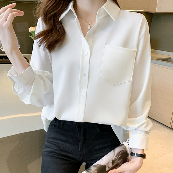 KM17505#白色衬衫女春复古洋气设计感小众上衣简约气质显瘦长袖衬衣