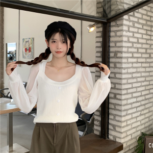 PS10857# 春季韩版泡泡袖方领显瘦套头拼接针织上衣 服装批发女装直播货源