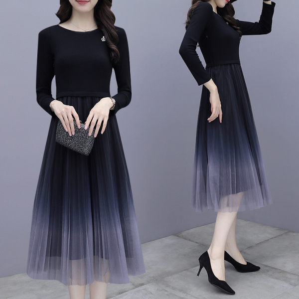 RM1865#高级设计感连衣裙女 新款收腰显瘦气质黑色网纱裙子
