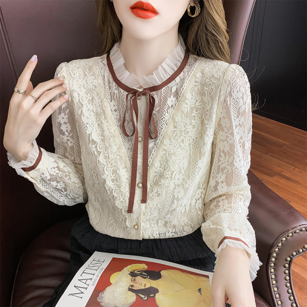 RS49483#衬衫女春装新款设计感小众衬衣气质米色长袖镂空蕾丝上衣