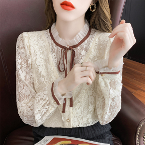 RS49483#衬衫女春装新款设计感小众衬衣气质米色长袖镂空蕾丝上衣