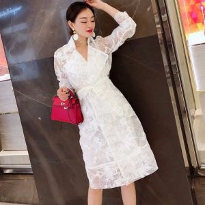 KM19612#韩版名媛风衣女白色蕾丝薄款中长款小香风外套两件套